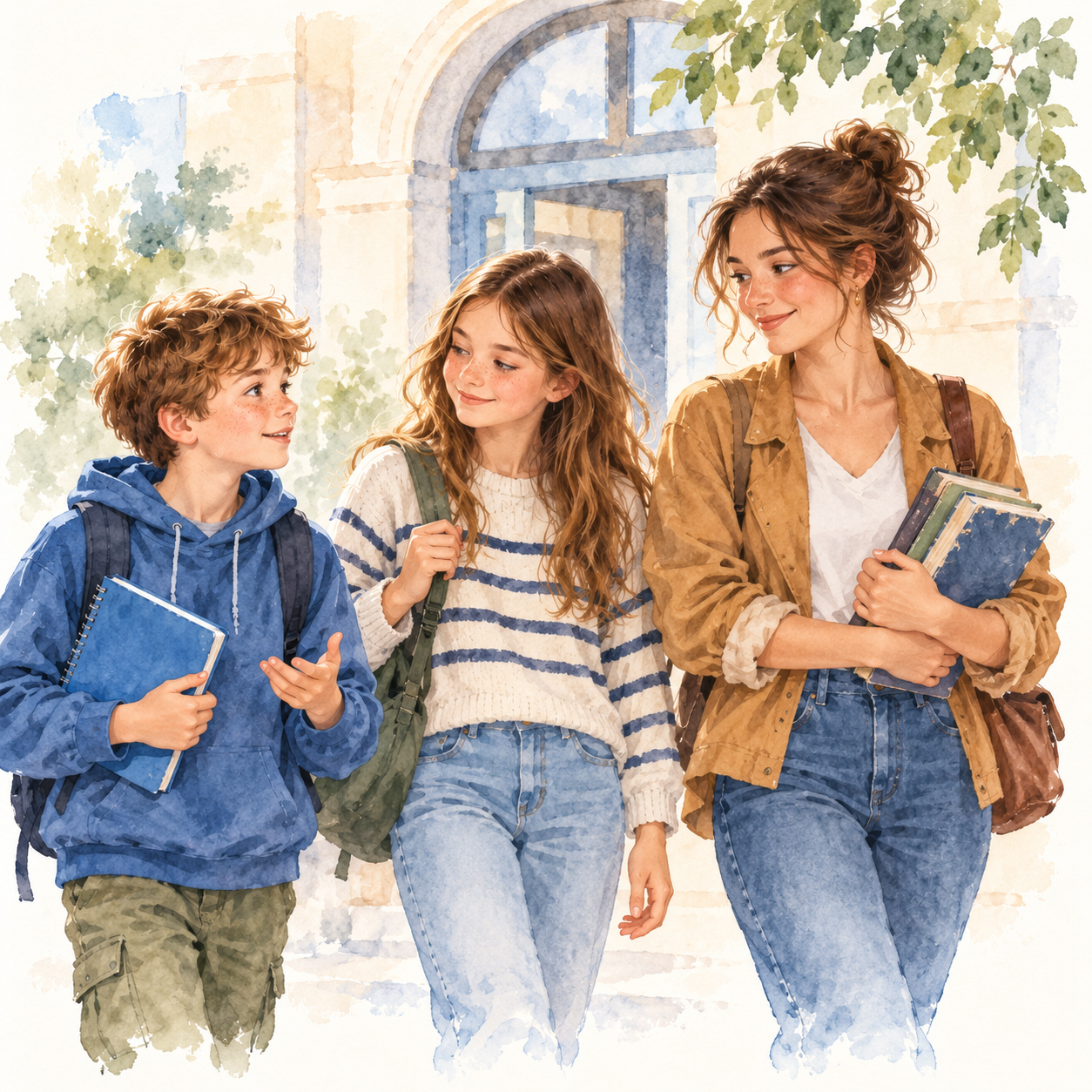Akvarelová ilustrace tří generací studentů s knihami před školou