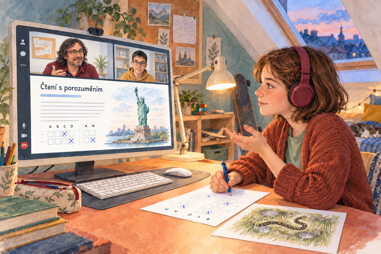 Akvarelová ilustrace sedmačky při podvečerní online lekci v podkrovním pokoji; na samostatném monitoru probírá s Alešem Adámkem text o soše Svobody.