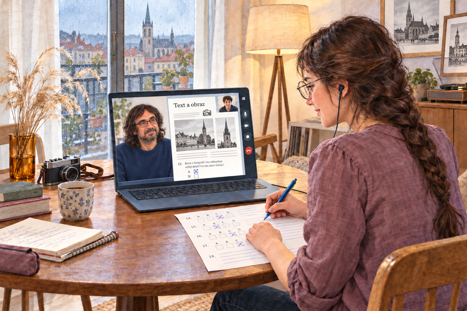 Akvarelová ilustrace maturantky při online lekci u kulatého stolu; s Alešem Adámkem probírá text o fotografii a důvěryhodnosti obrazu.